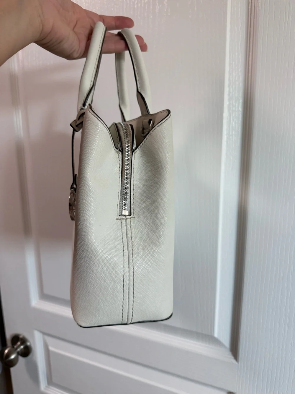 Michael Kors Cream/White Saffiano Leather Satchel with Logo Charm